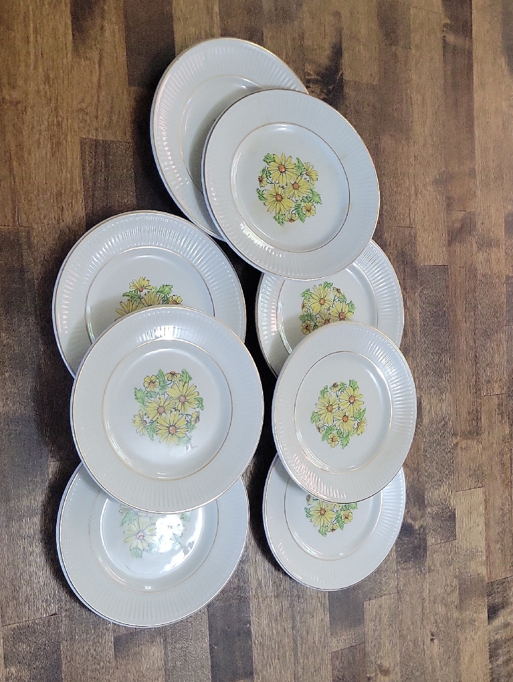 Vintage Summertime Staffordshire White Salad (Set Of 8) Plates Yellow Floral